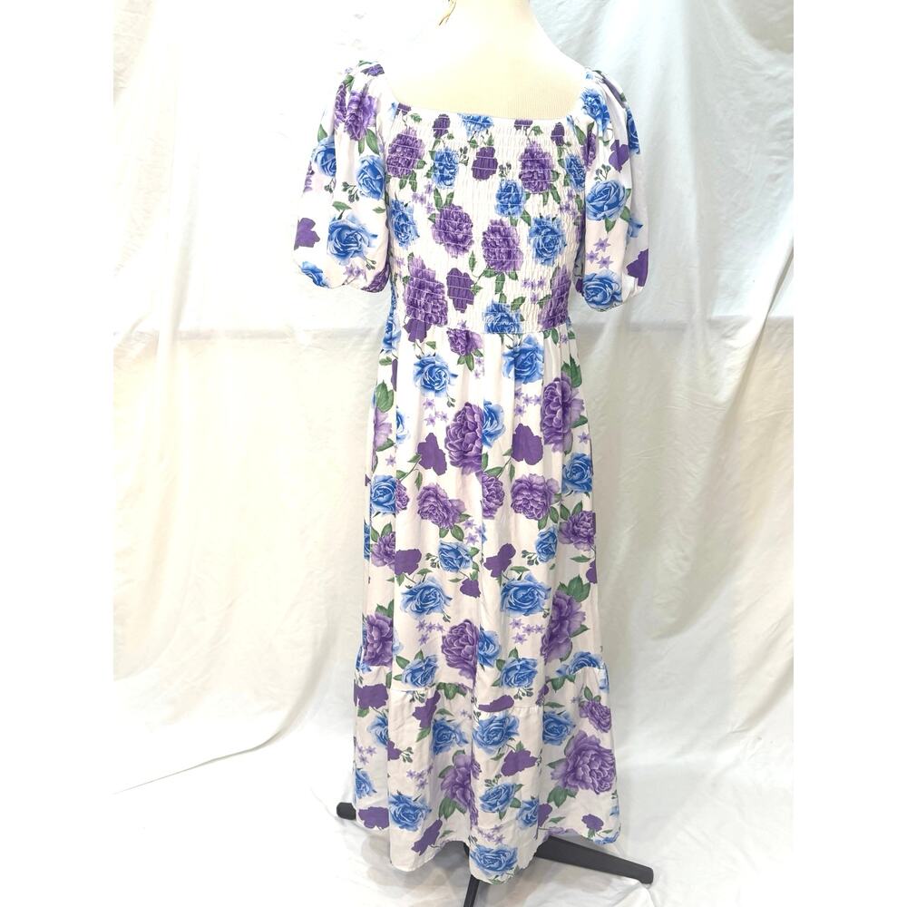 Y&M Floral Maxi Dress Womens S/M Blue Purple Roses Smocked Keyhole Puff Sleeve - Picture 4 of 8